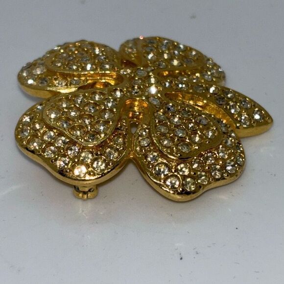 Vtg Joan Rivers signed 4 leaf Clover rhinestone crystal pin brooch shamrock +box - Picture 2 of 8